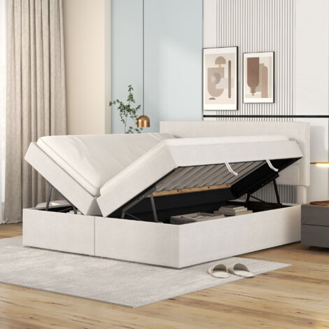 Lit coffre 140x200 cm, lit rembourré double , ouvrant des deux côtés, sans matelas, Lin, beige