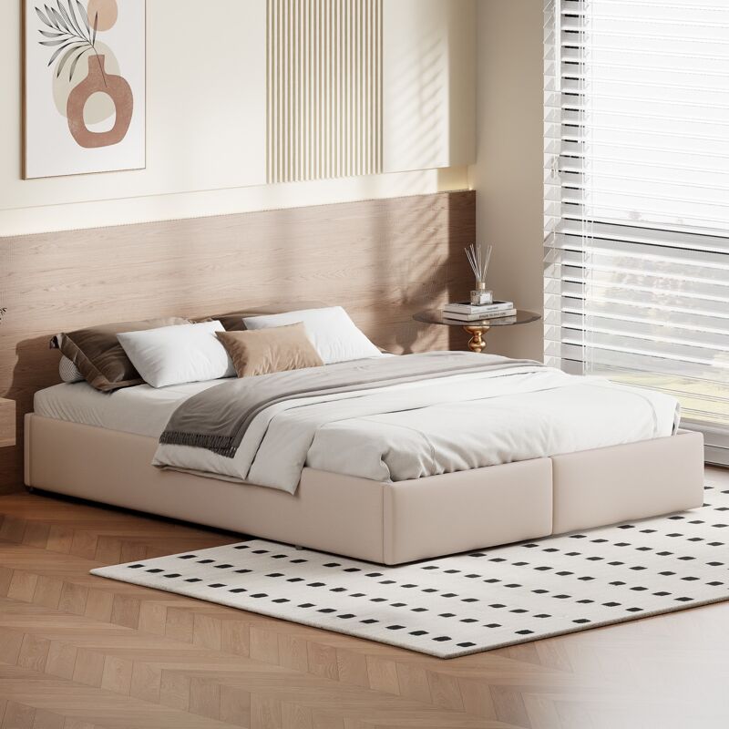 Lit coffre 140x200 cm pour chambre adulte et studio - Lit double rembourré sans tête de lit avec rangement hydraulique et 2 tiroirs - Lin et MDF