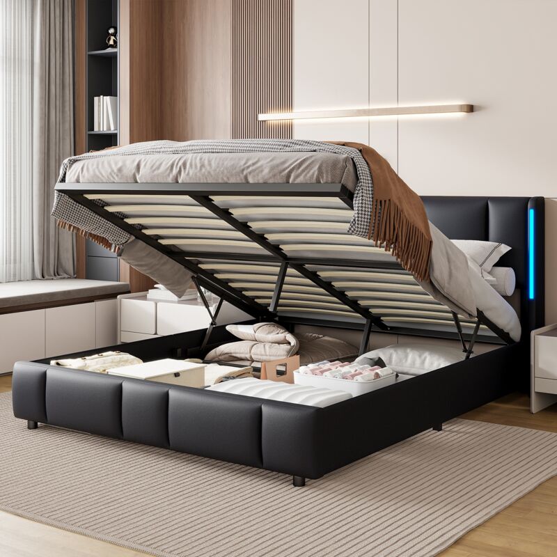 Lit coffre 160x200cm, lit capitonné avec sommier à lattes, tête de lit à rayures verticales, éclairage led et port usb/tcp-c, rangements, similicuir,