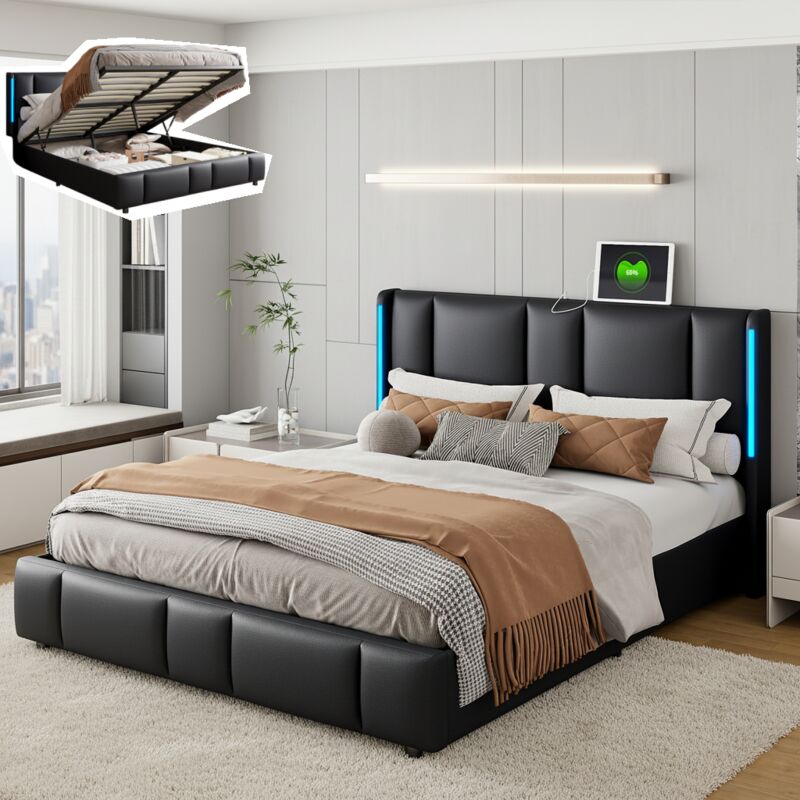 Lit coffre 140x200cm, lit capitonné avec sommier à lattes, tête de lit à rayures verticales, éclairage led et port usb/tcp-c, rangements, similicuir,