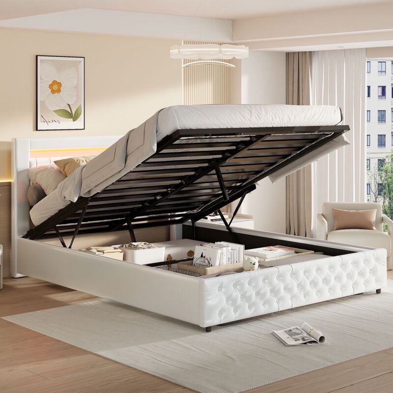 Lit coffre 180x200 cm - simili cuir, tête de lit losange, lit double avec éclairage led, sommier en métal, sommier à lattes, lit adulte de style