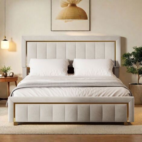 Lit coffre 140x200 cm - TANANT - Velours beige - 2 places - Moderne - Tête de lit rembourrée