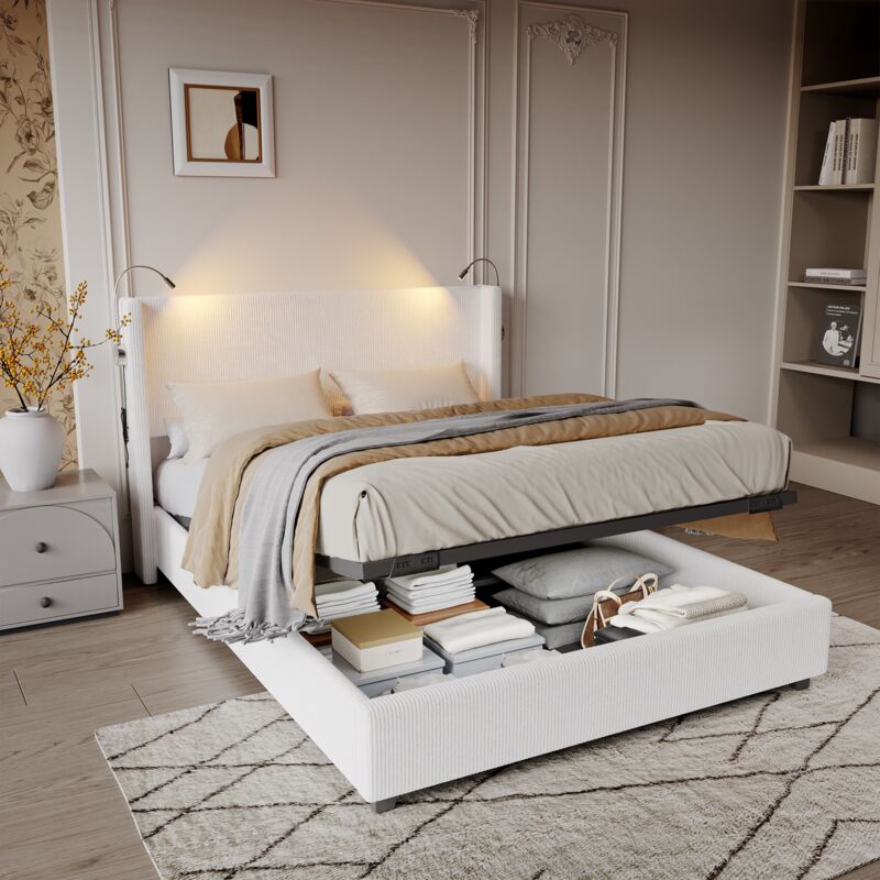 Lit coffre 140x200 cm, velours côtelé, tête de lit avec 2 liseuses et ports usb, cadre de lit, Rangement, sommier à lattes, lit double de style