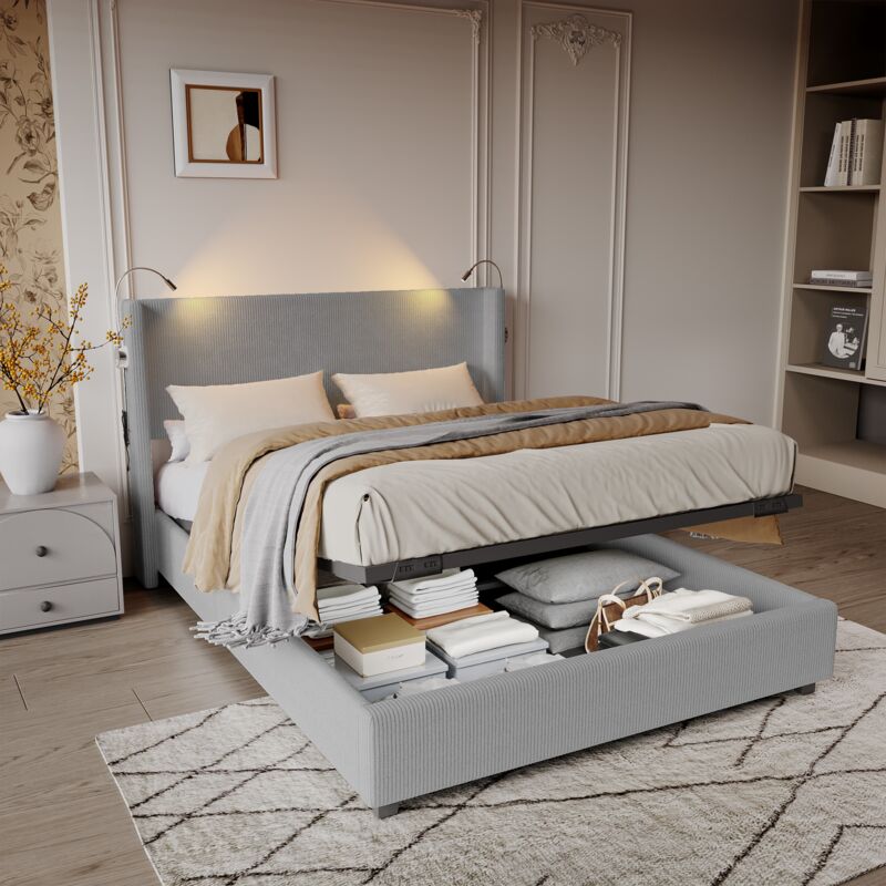 Lit coffre 140x200 cm, velours côtelé, tête de lit avec 2 liseuses et ports USB, cadre de lit, Rangement, sommier à lattes, lit double de style