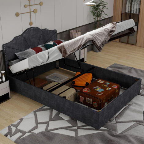 Lit coffre 140x200 cm tête de lit géométrique tissu et métal coffre à vérin pneumatique gris (Sans matelas)