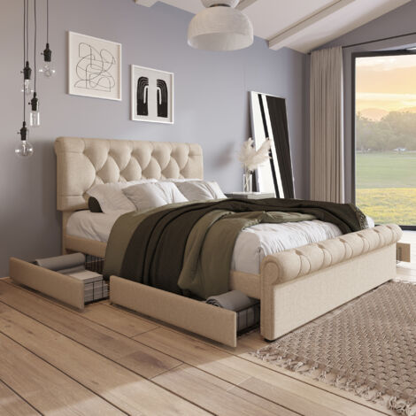 Lit coffre 140x200 cm Tête réglable 4 tiroirs design capitonné bois et métal naturel (Avec matelas)