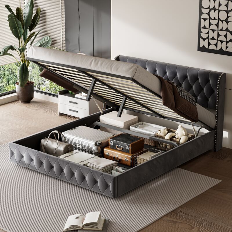 Lit coffre 160x200 cm, velours, finition rivets, sommier à lattes, structure métal, lit double adulte - Anthracite