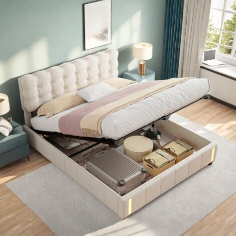 SUREH 160 x 200 cm lit coffre avec sommier, lit hydraulique avec LED et tête de lit Capitonné, lit 2 Personnes avec sommier à lattes en bois, lit 160x200 avec sommier en velours beige