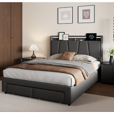 Lit coffre 140x200 cm,Lit capitonné avec Éclairage LED et Port USB,avec tête de lit rangement rabattable,Lits 2 Personnes avec 2 Tiroirs,sommier à lattes,Lin,Gris foncé