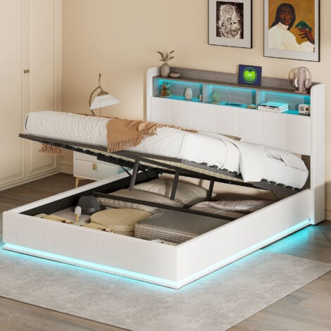 PERGAR Lit coffre 140x200, compartiment de rangement de chevet,lit double capitonné avec sommier à lattes,USB et LED,velours,Blanc