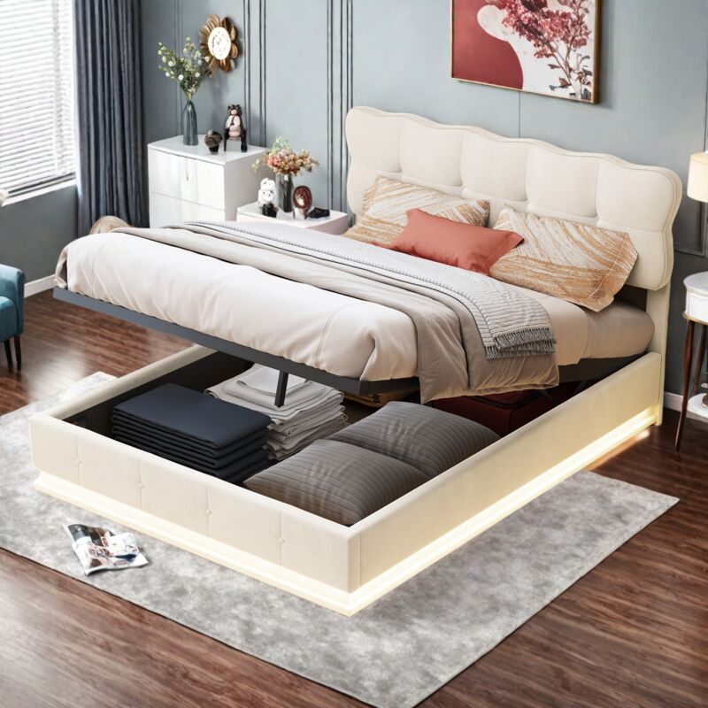 Sureh - Lit Coffre 140x200, Lit 140x200, avec éclairage led, Lit Double Capitonné, Lit Adulte avec Sommier à Lattes, Velours, Beige