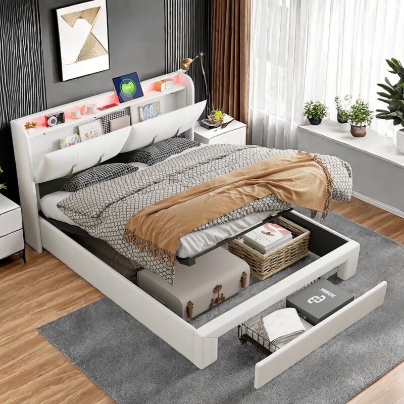 Lit coffre 160x200, lit 160x200 avec éclairage led, usb et Type-C, tête de lit avec rangement, lit double capitonné, lit adulte, Sans Matelas,