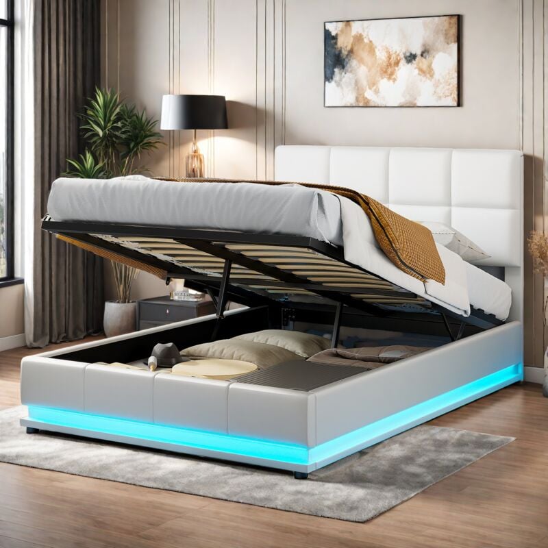 Sureh - Lit coffre 140x200, lit 140x200, lit double capitonné avec led réglable, tête de lit réglable, lit adulte avec sommier à lattes, pu, Blanc
