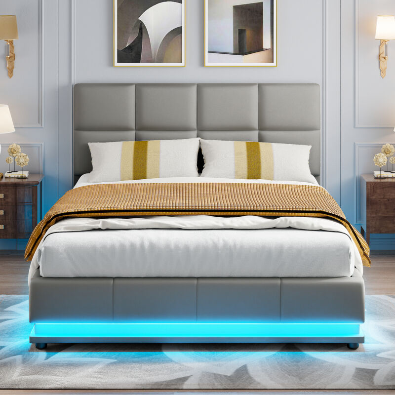 Sureh - Lit coffre 140x200, lit 140x200, lit double capitonné avec led réglable, tête de lit réglable, lit adulte avec sommier à lattes, pu, Gris