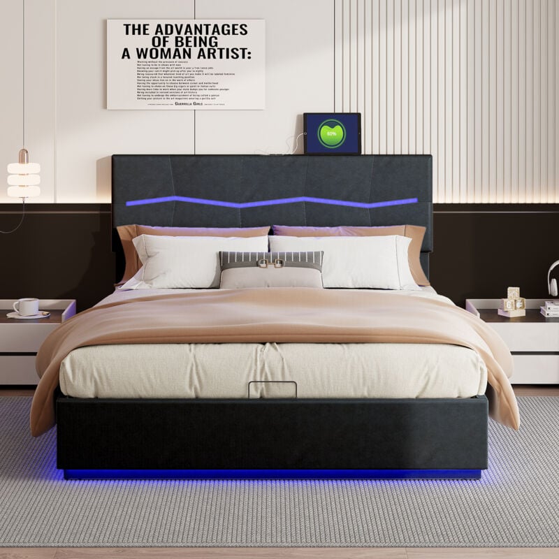 Pergar - Lit coffre 140x200, Lit adulte 140x200, Tête de lit et sous le lit avec lumières led réglables,Fond de lit avec chiffon