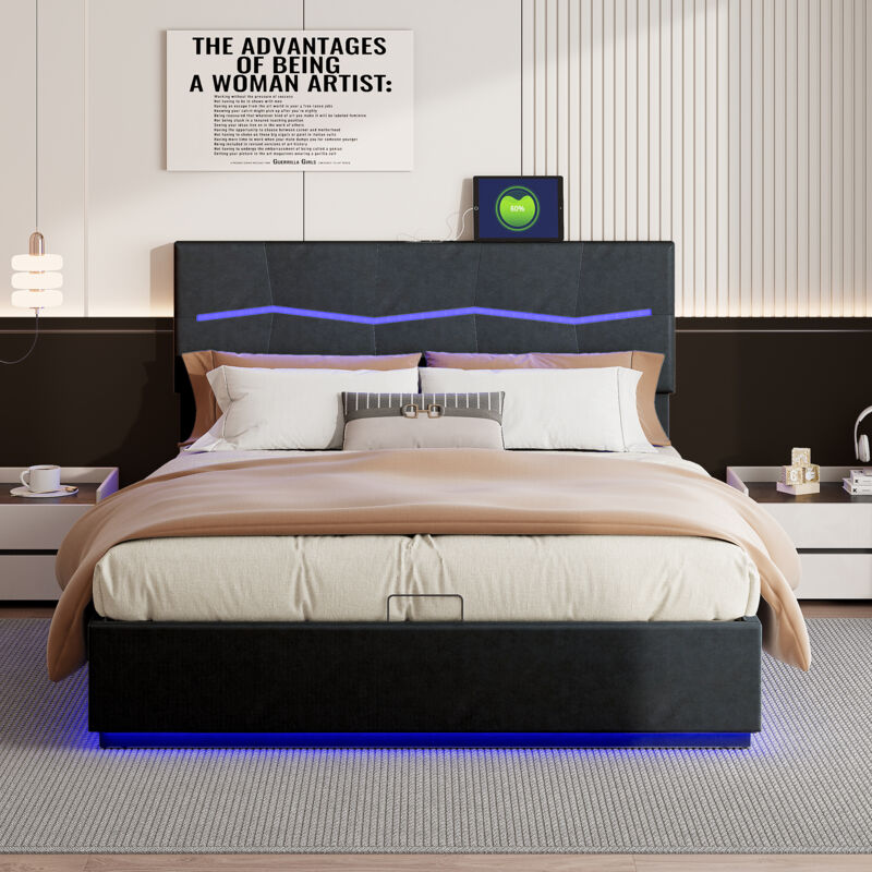 Sunfecili - Lit coffre 140x200, Lit adulte 140x200, Tête de lit et sous le lit avec lumières led réglables,Fond de lit avec chiffon