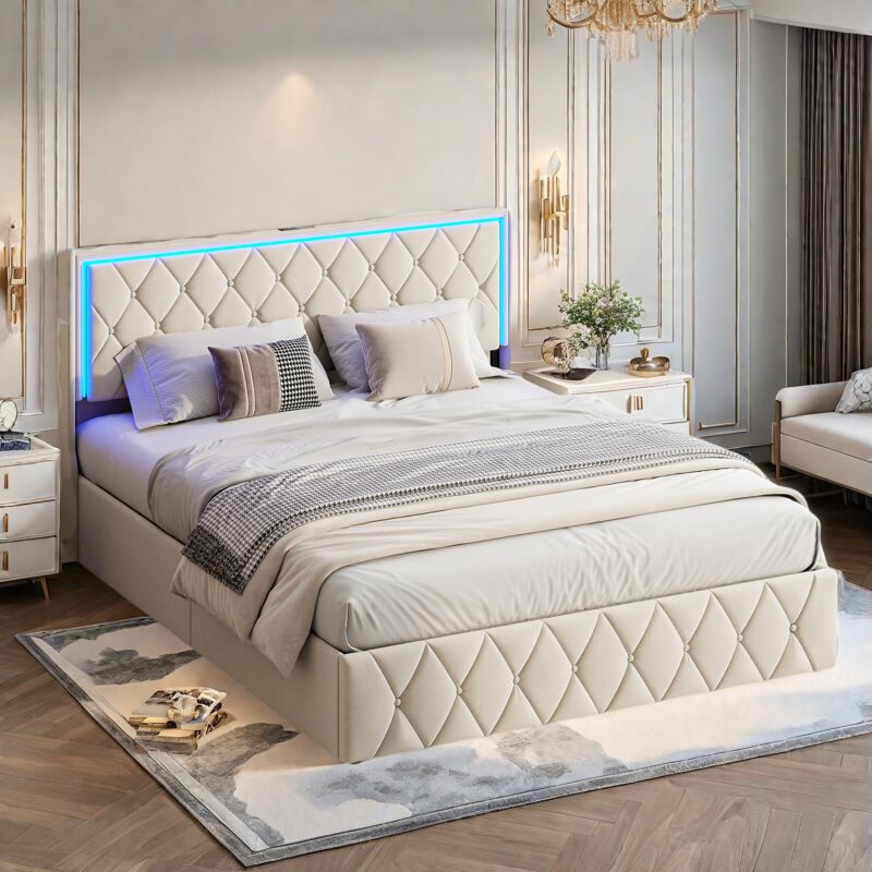 Lit coffre 140x200, lit adulte avec sommier, lit double rembourre, tête de lit avec chargement usb et lumières led réglables, conception de boutons