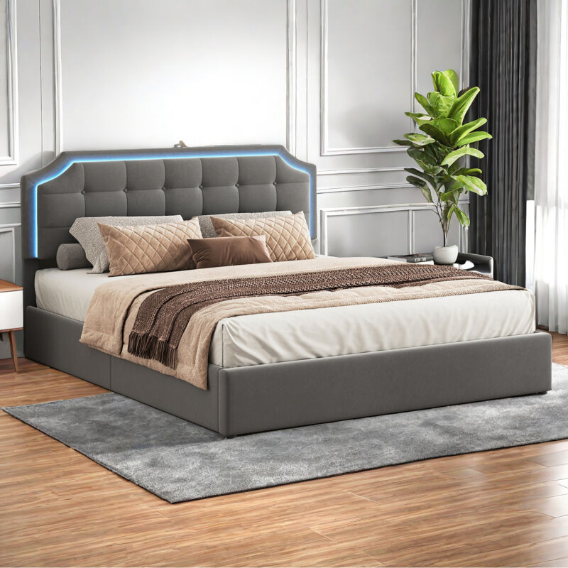 Lit coffre 160x200, lit double avec rangement, lit capitonné avec réglable led et chargement usb, lit adult avec sommier à lattes, tissu velours, gris