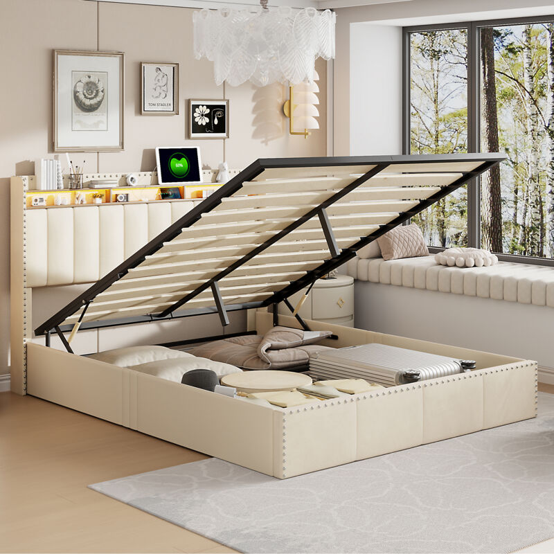 Lit coffre 140x200, Lit adulte, Lit double, Tête de lit avec éclairage led, Lit capitonné avec sommier à lattes, décoration de rivets, velours, Beige