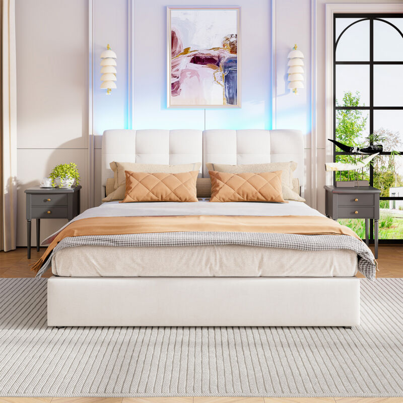 Blanketswarm - Lit Coffre 140x200, Lit Capitonné 140x200, Lit Adulte avec Sommier, Lit Double led, Appuie-Tête Rembourré, Sommier à Lattes en Bois,