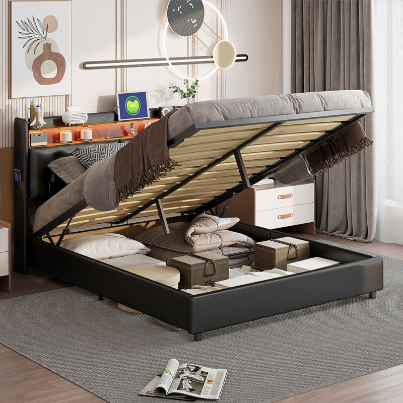 Blanketswarm - Lit coffre 140x200, lit capitonné 140x200, lit double avec sommier, lit adulte avec lumière led et chargement usb, tête de lit