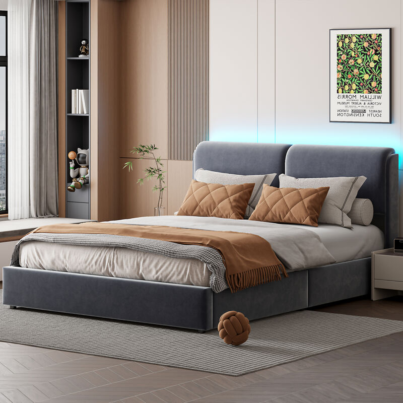 Lit coffre 140x200, Lit double avec éclairage led, Lit adulte 140x200, Lit capitonné avec sommier à lattes, velours, gris