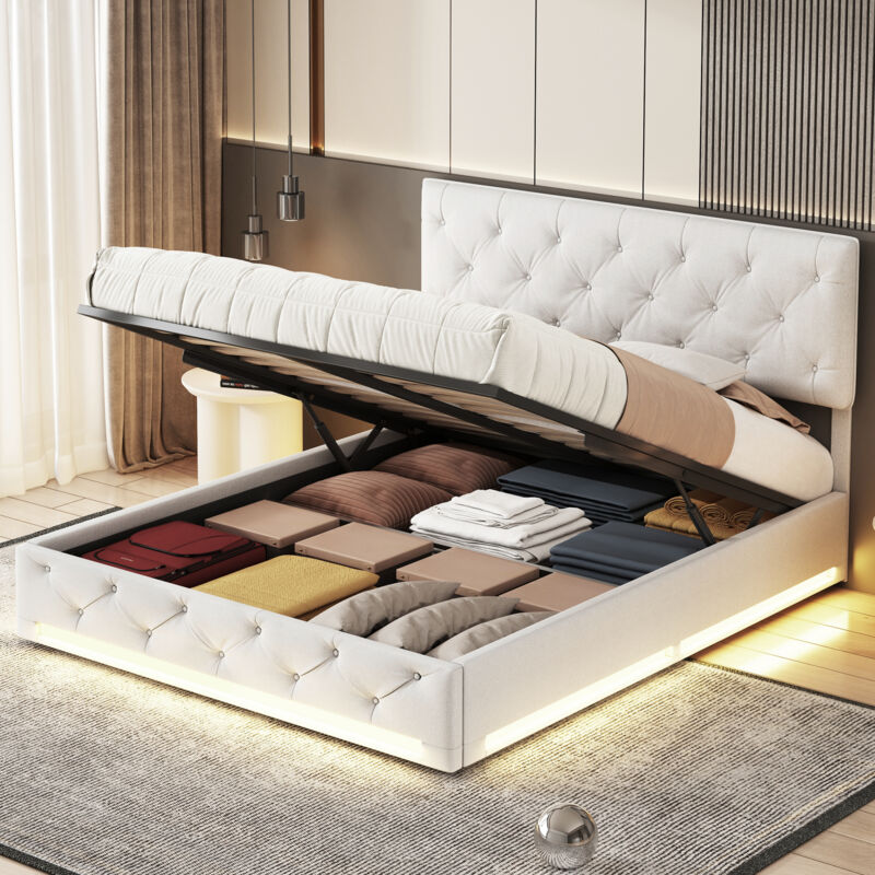 Lit coffre 140x200, lit double capitonné avec éclairage led, hydraulique espace de rangement, sommier à lattes, design rivet, lin, beige, sans matelas