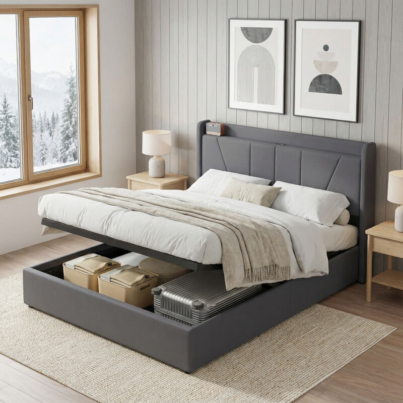 Lit coffre 160x200 avec sommier, lit double capitonné avec ports usb/type-c, tête de lit avec rangement, lit adulte, lin, style scandinave, Gris