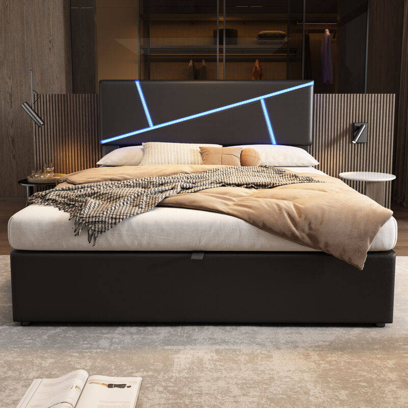 Lit coffre 140x200 simili cuir noir, LED RGB App + mode musique, sommier 26 lattes, sans matelas