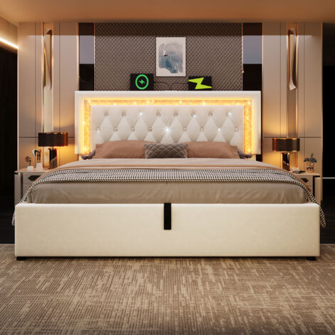 Lit coffre 140x200 velours beige, LED tête de lit diamant, USB/Type-C