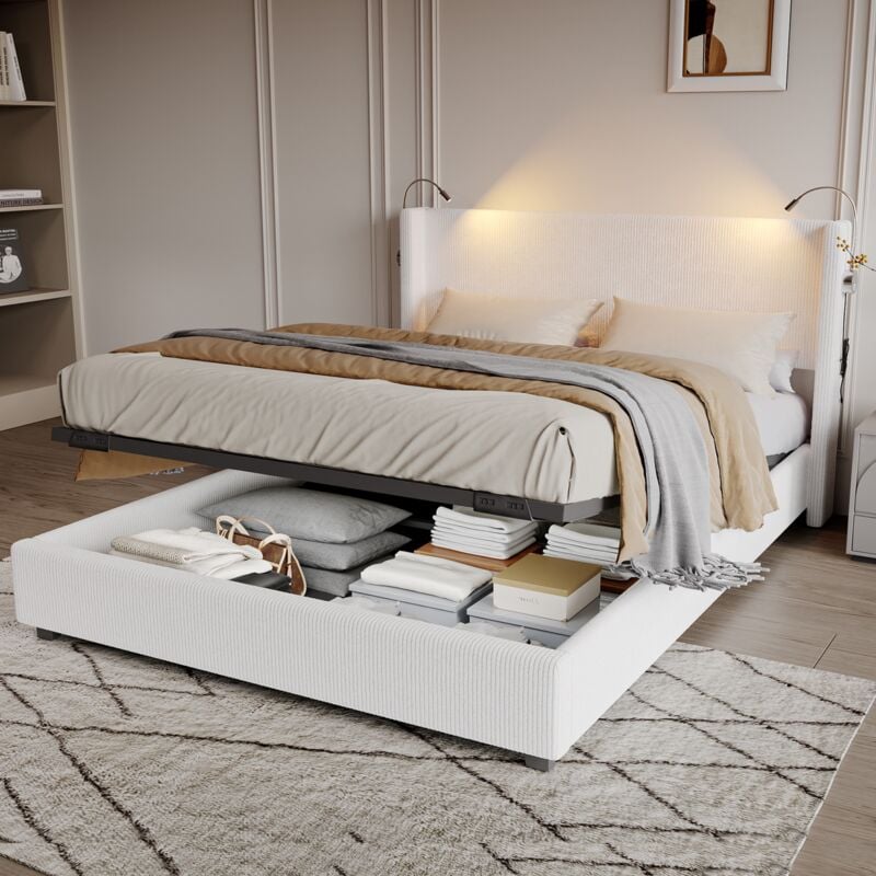 Lit coffre 140x200 cm, avec 2 lampe de lecture, hydraulique de rangement, sommier à lattes, cadre en métal, lit double en velours côtelé - Beige