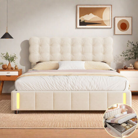 Lit coffre 140x200cm avec ande lumineuse LED intégrée - Lit adulte avec rangement hydraulique sous le lit - 2 Personnes - sommier a lattes - Tissu en velours - Beige
