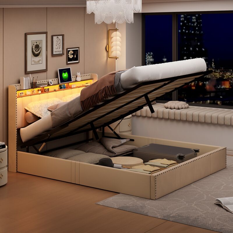 Nmonet - Lit coffre 160x200 cm, avec éclairage led, 2 ports usb, velours, sommier à lattes, rangement chevet, lit double capitonné - Beige