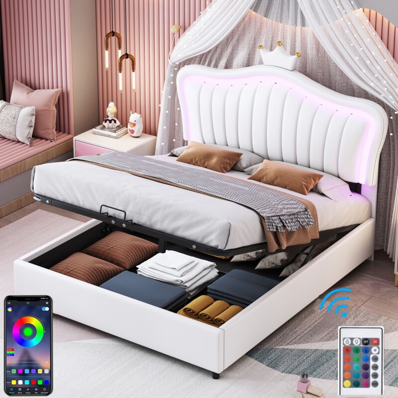 Lit coffre 140x200 cm avec éclairage led, app, tête de lit en forme de couronne, sommier à lattes en bois, lit capitonné en similicuir - Blanc