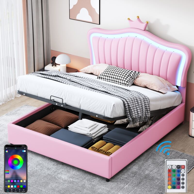 Lit coffre 140x200 cm avec éclairage led, app, tête de lit en forme de couronne, sommier à lattes en bois, lit capitonné en similicuir - Rose