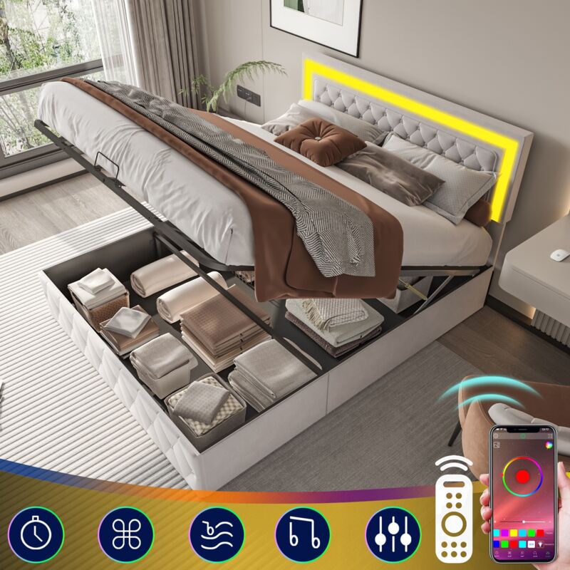 Lit coffre 140x200 cm, avec éclairage led, hydraulique de rangement, boutons en cristal artificiel, sommier à lattes, lit capitonné en velours - Beige