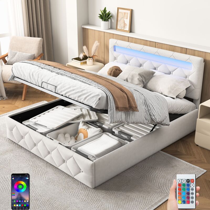 Lit coffre 140x200 cm, avec éclairage led, hydraulique de rangement, sommier à lattes en bois, cadre en métal, lit capitonné en Velours - Beige