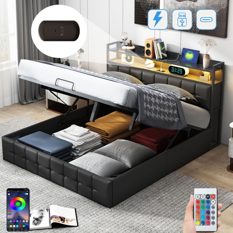 Lit coffre 140x200 cm, avec éclairage led, hydraulique de rangement, usb-a/c charge, sommier à lattes en bois, lit capitonné en similicuir - Noir