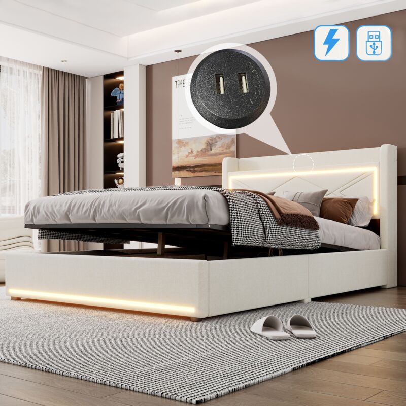 Lit coffre 140x200 cm, avec éclairage led, hydraulique de rangement, usb charge, sommier à lattes en bois, cadre en métal, lit capitonné en lin