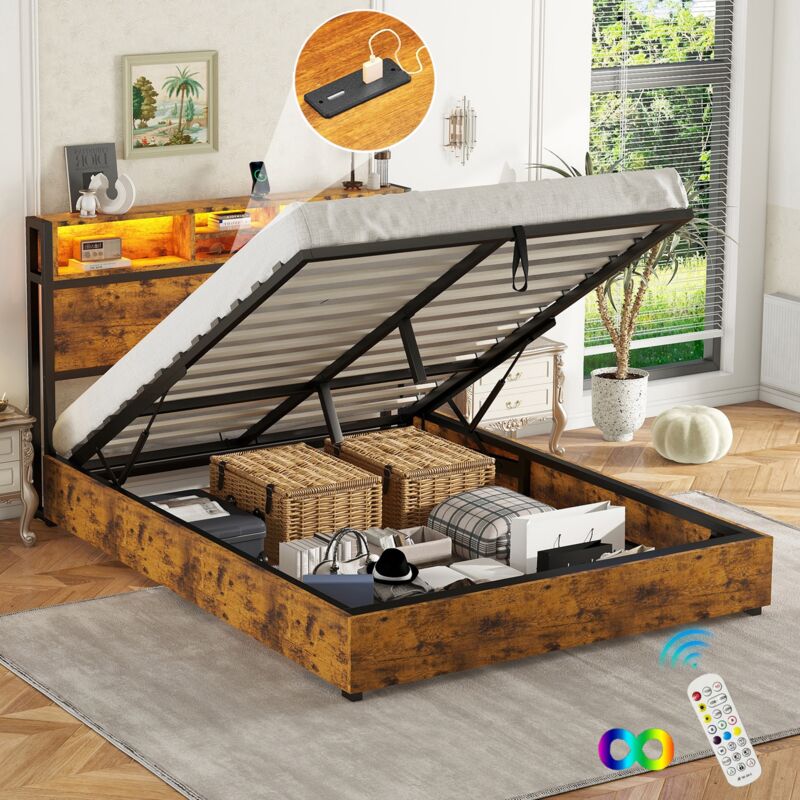 Lit coffre 140x200 cm, avec éclairage led, hydraulique de rangement, usb fonction de charge, sommier à lattes, cadre en métal, lit adulte - Marron