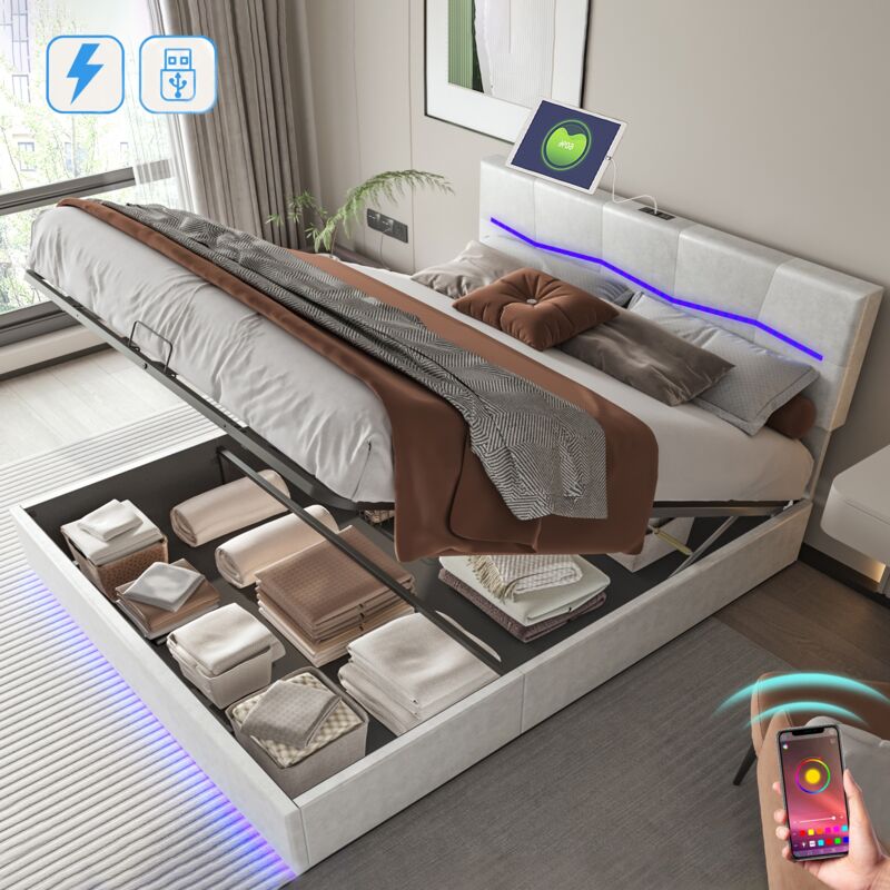 Lit coffre 140x200 cm, avec éclairage led, hydraulique de rangement, usb fonction de charge, sommier à lattes, lit capitonné en similicuir - Beige