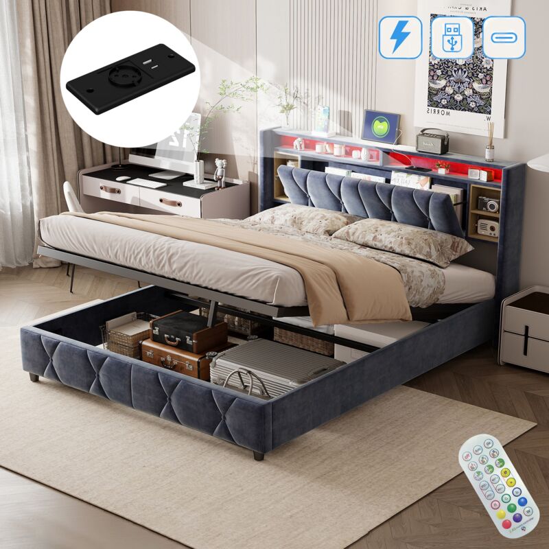 Lit coffre 140x200 cm, avec éclairages led, hydraulique de rangement, tête de lit de rangement, usb-a/c charge, sommier à lattes en bois, lit