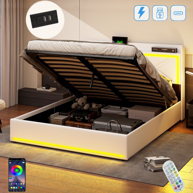 Lit coffre 140x200 cm, avec led, Tête de lit en protège-ailes et usb-a/c charge, hydraulique de rangement, sommier à lattes, lit capitonné en