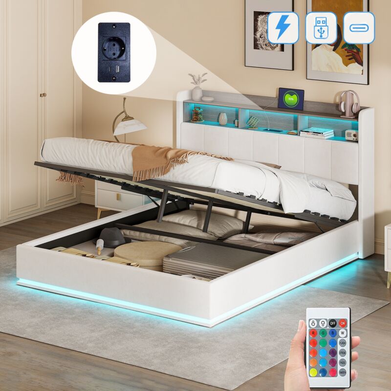 Lit coffre 140x190 cm, avec LED, USB-A/C charge, 3 étagères, hydraulique de rangement, sommier à lattes en bois, lit capitonné en velours - Blanc