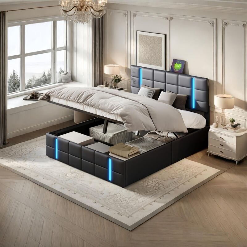 Lit coffre 140x200cm - avec port de charge usb et Type-C, tête de lit éclairée led, espaces de rangement, structure en métal, sommier à lattes, lit