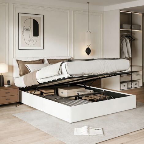 Lit coffre 140x200cm avec ports USB, rangement hydraulique, Lit adulte capitonné 140x200cm avec tête de lit réglable et sommier à lattes en bois, Velours, Blanc crème