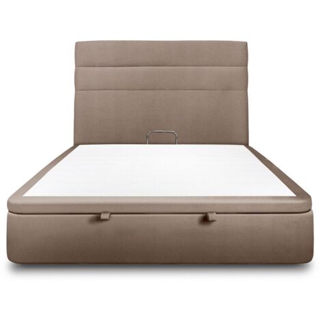 Lit coffre 140x200cm avec tête de lit lignes Velours Taupe - Hauteur totale : 39cm