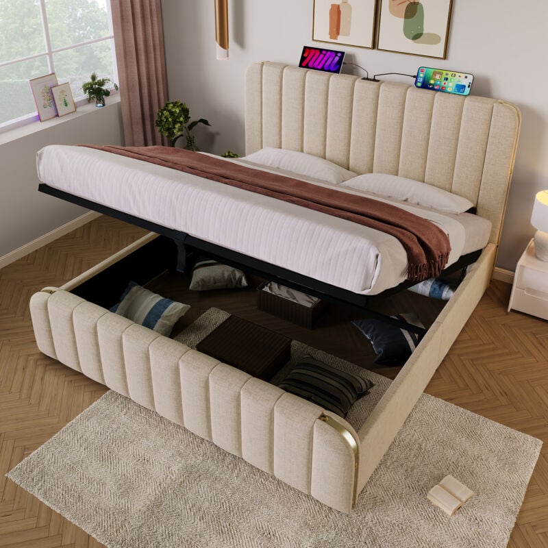 Modernluxe - Lit coffre 180x200cm en tissu lin - avec recharge usb & Type-C - décoré de bandes dorées - Beige
