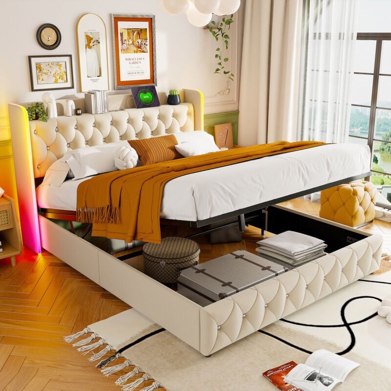 Lit coffre 140x200cm, lit capitonné avec sommier à lattes, lit double avec tête de lit décorée de losanges, rangement, avec lumière led et port de