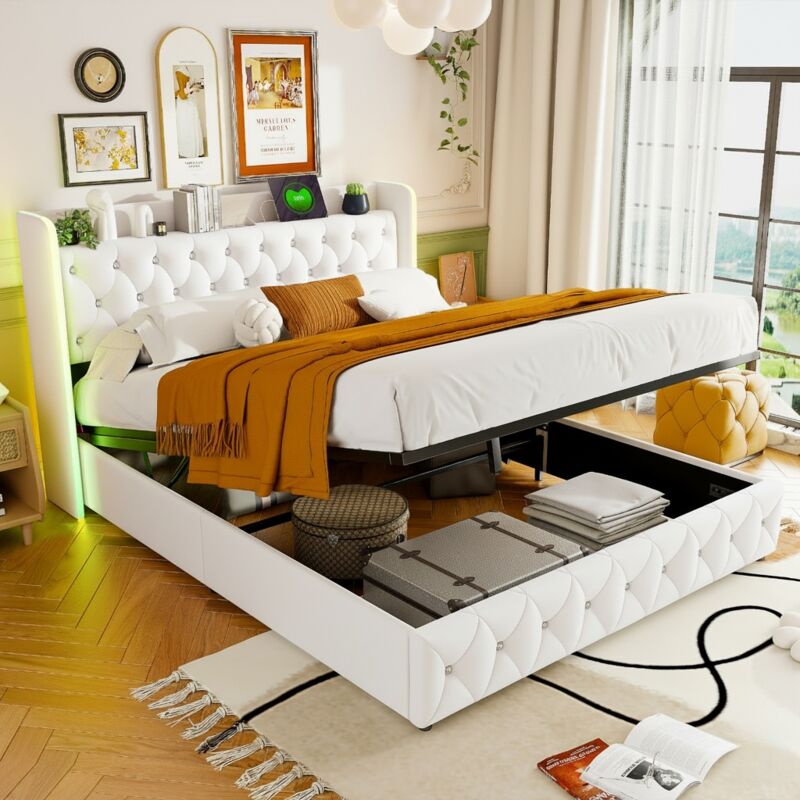 Lit coffre 140x190 cm, lit capitonné avec sommier à lattes, lit double avec tête de lit décorée de losanges, rangement, avec lumière LED et port de